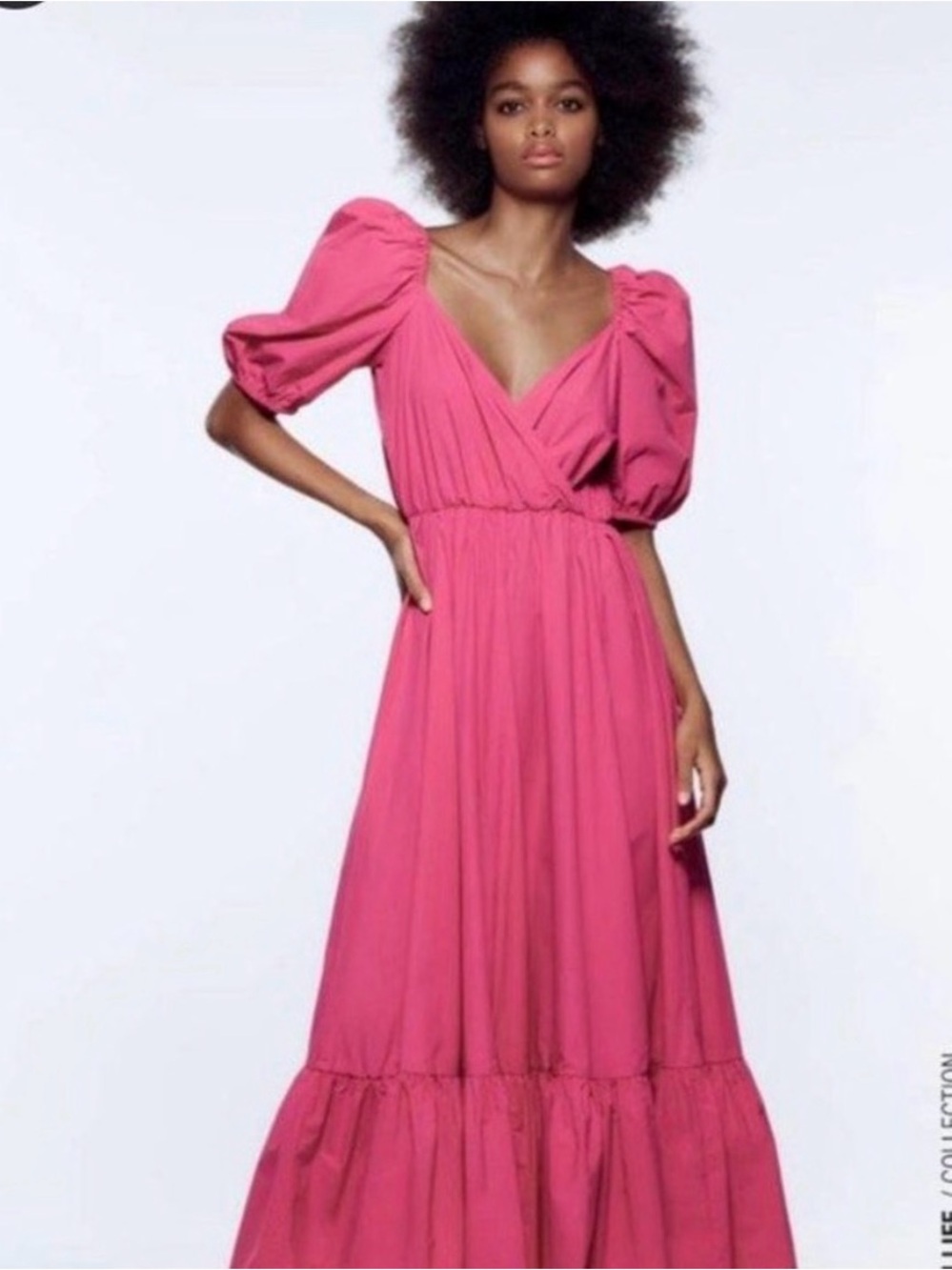 Zara Hot Pink Puff Sleeve V-Neck Maxi Dress